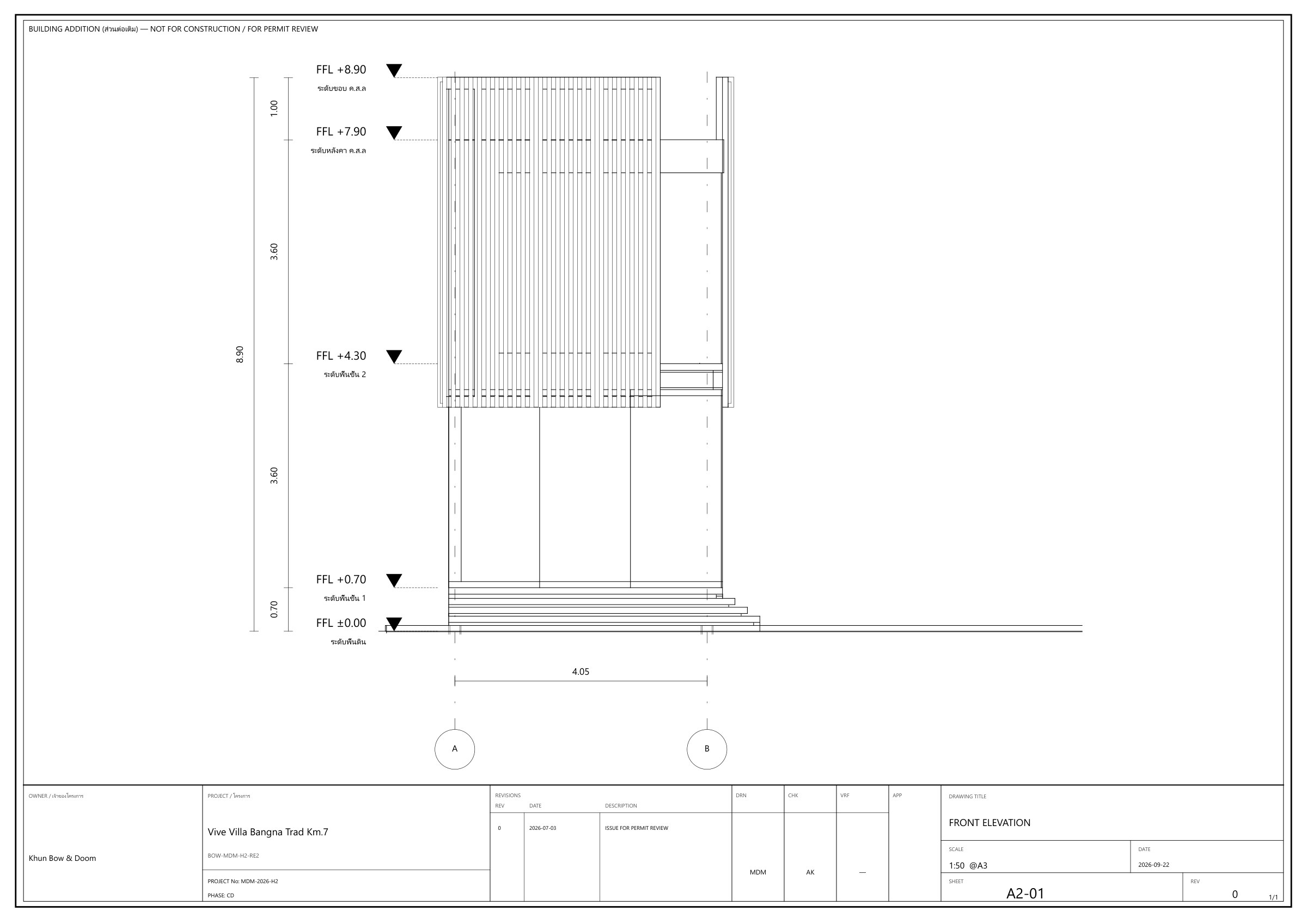 Issued sheet A2-01, front elevation