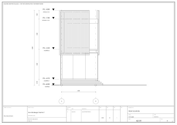 Sheet A2-01, front elevation, from the sample drawing set