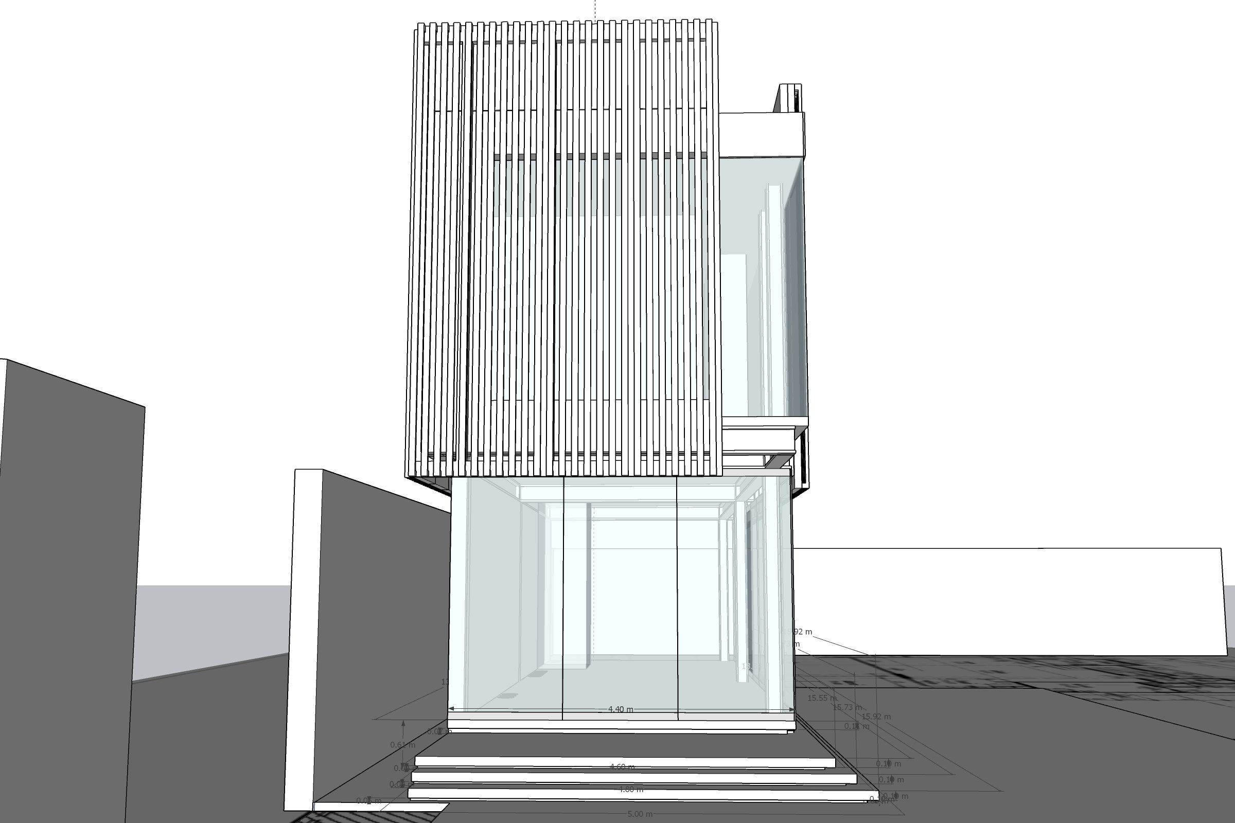 SketchUp model of the building addition: a two-storey block with a vertical-fin screen over a glass ground floor
