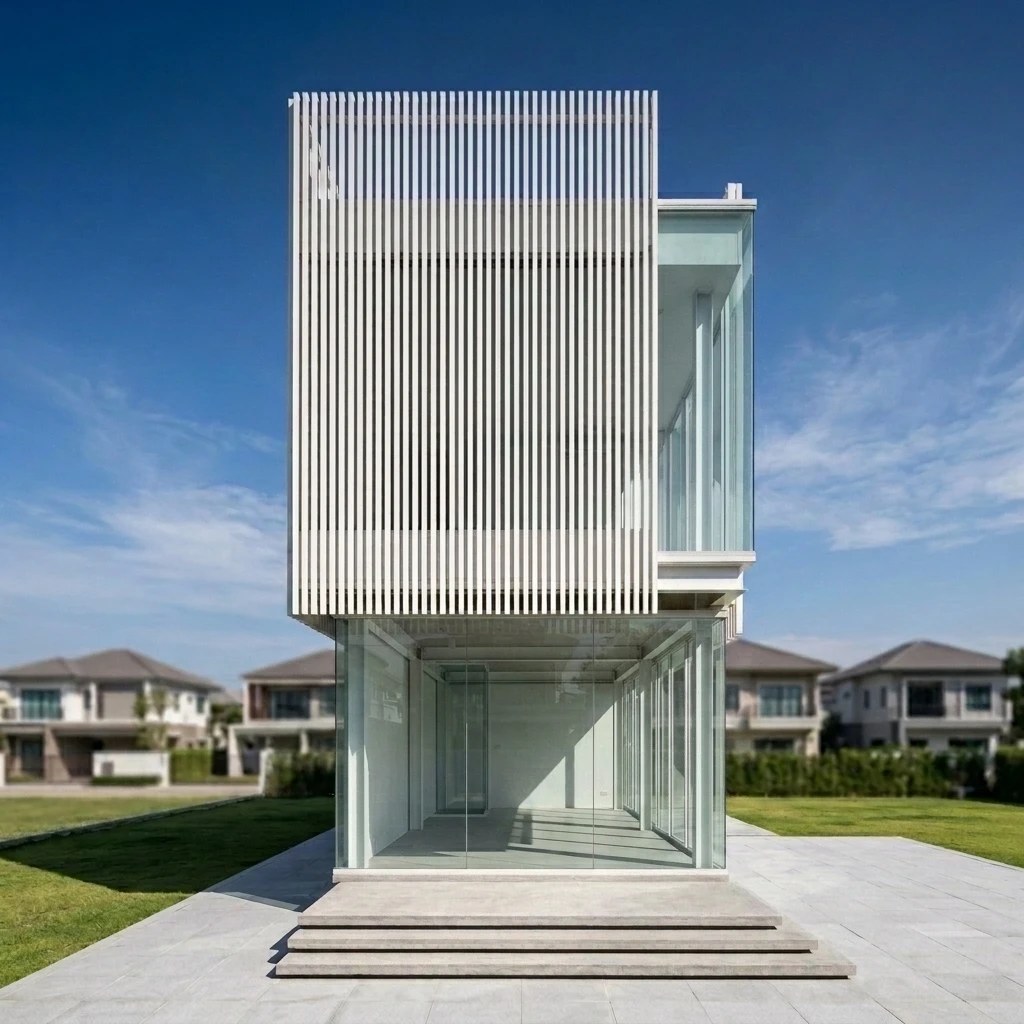 Photorealistic rendering of the building: a white vertical-fin screen above a glass ground floor with three entrance steps, under a clear sky