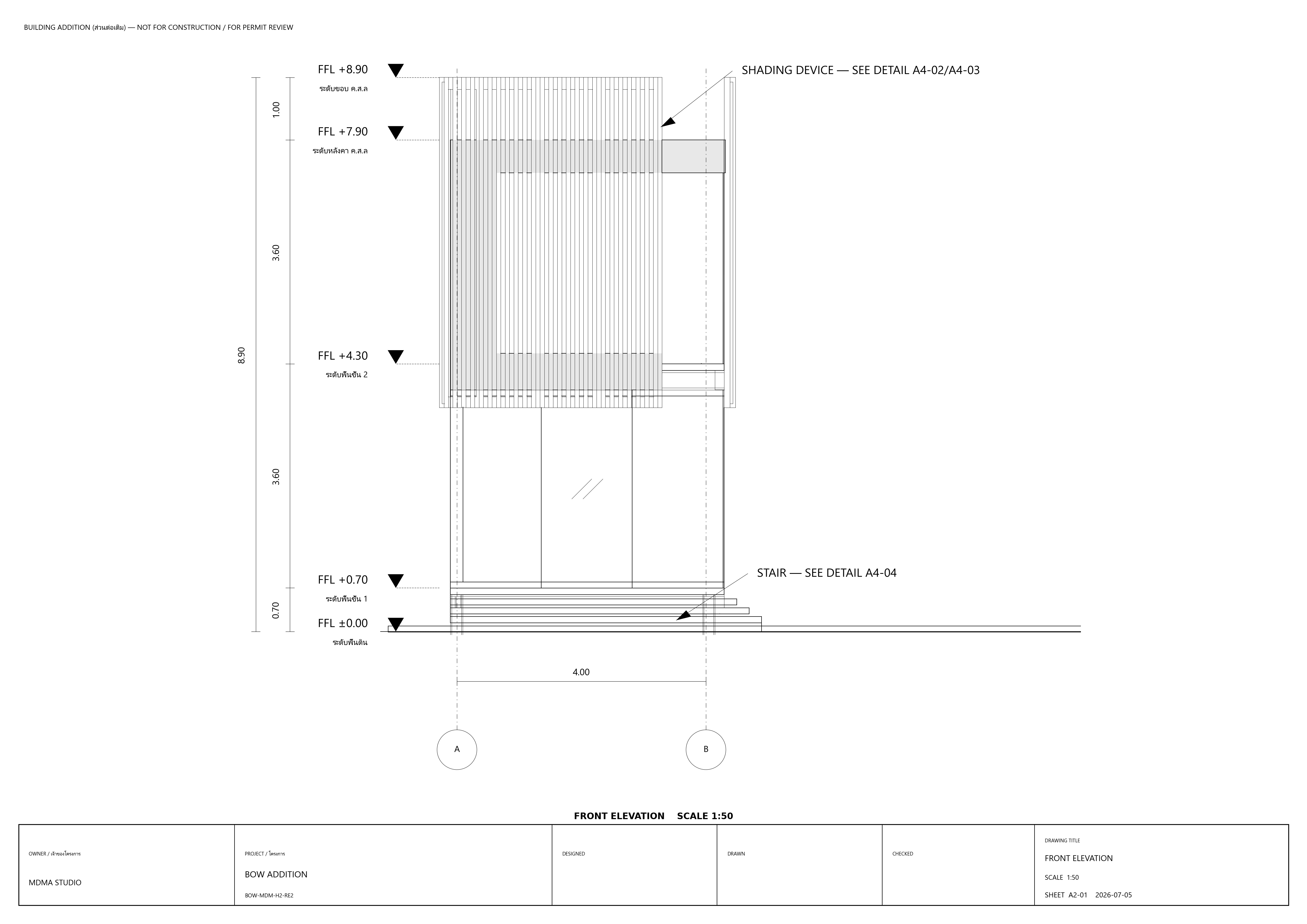 A2CD-generated front elevation — BOW Addition, scale 1:50