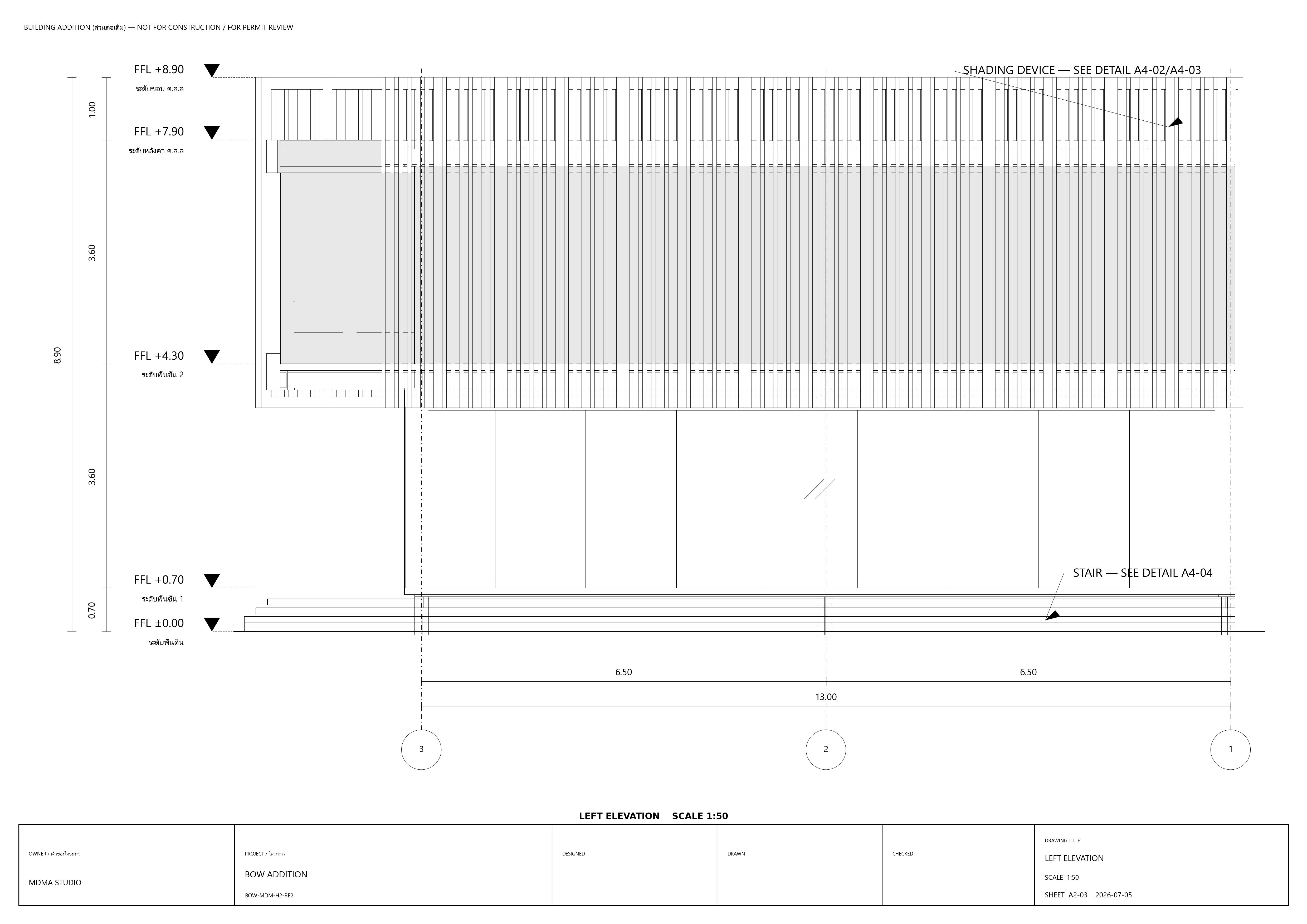 A2CD-generated left elevation — BOW Addition, scale 1:50