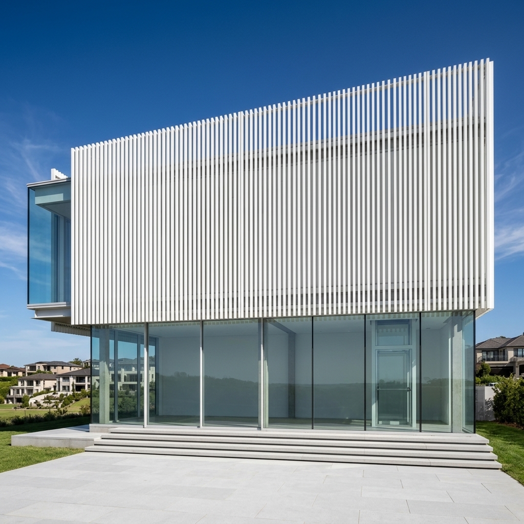 A2CD photoreal exterior render — BOW Addition, louvered façade and glass ground floor