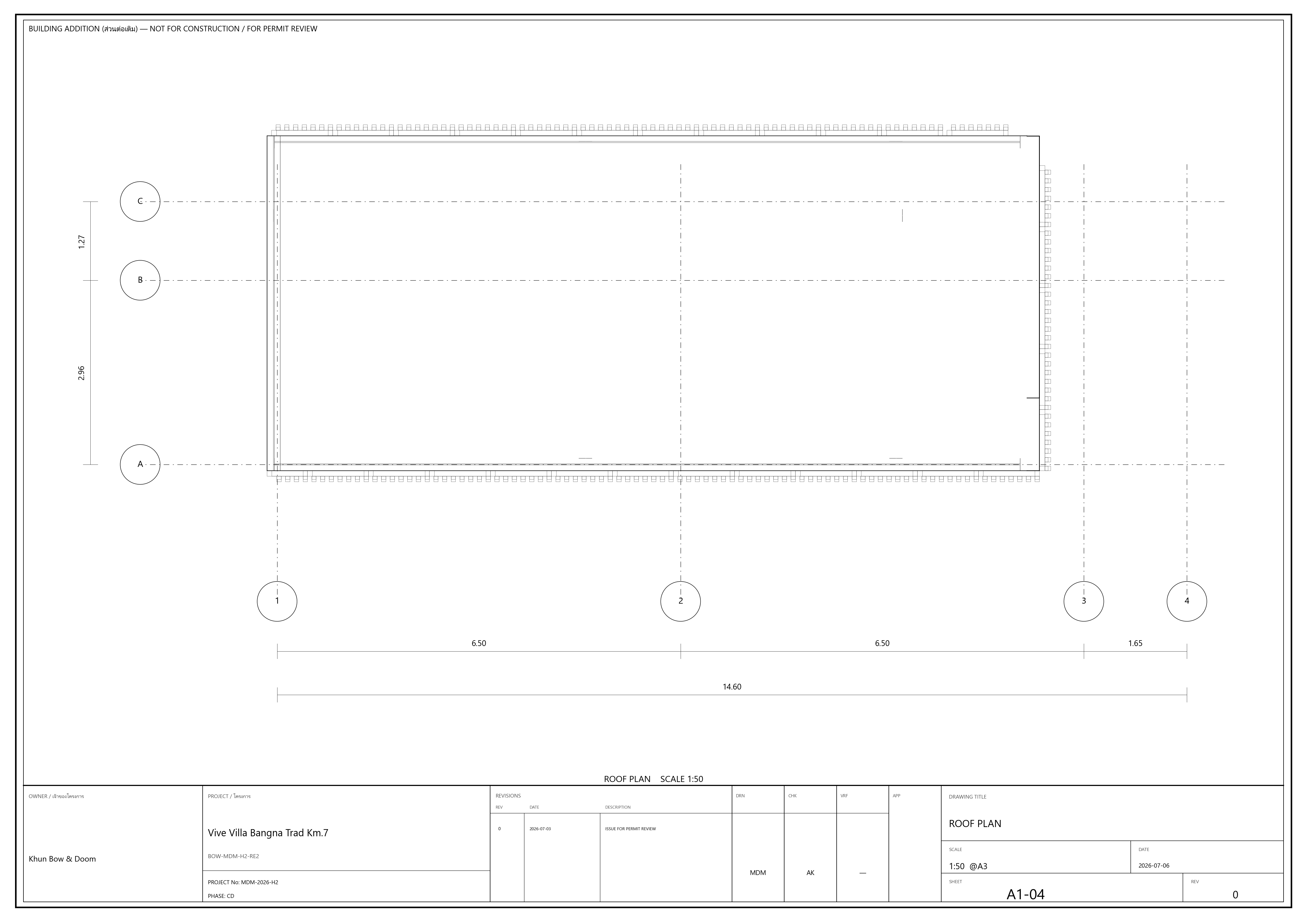 A2CD-generated roof plan with grid and dimensions, scale 1:50