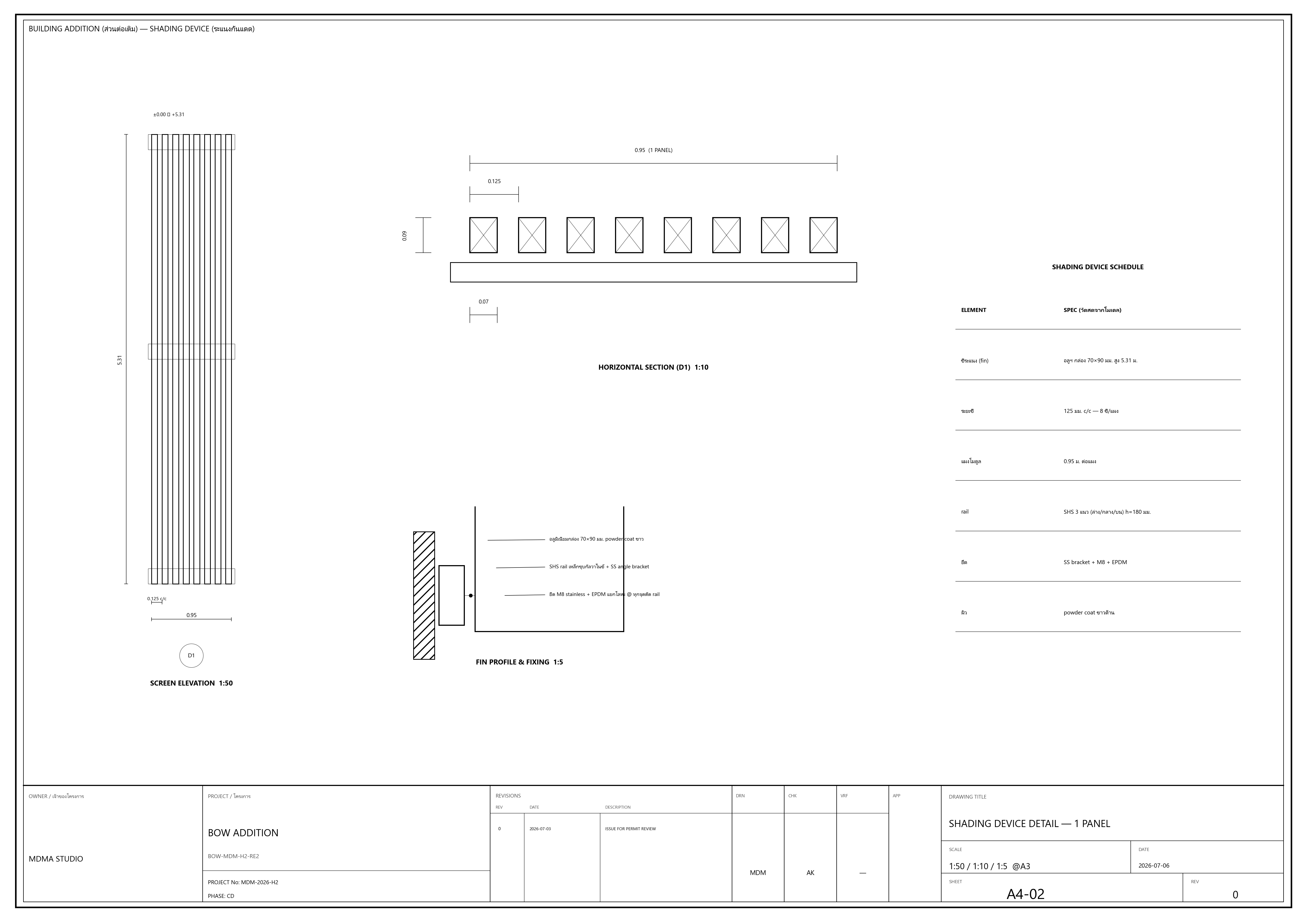 A2CD-generated shading-device construction detail with material schedule